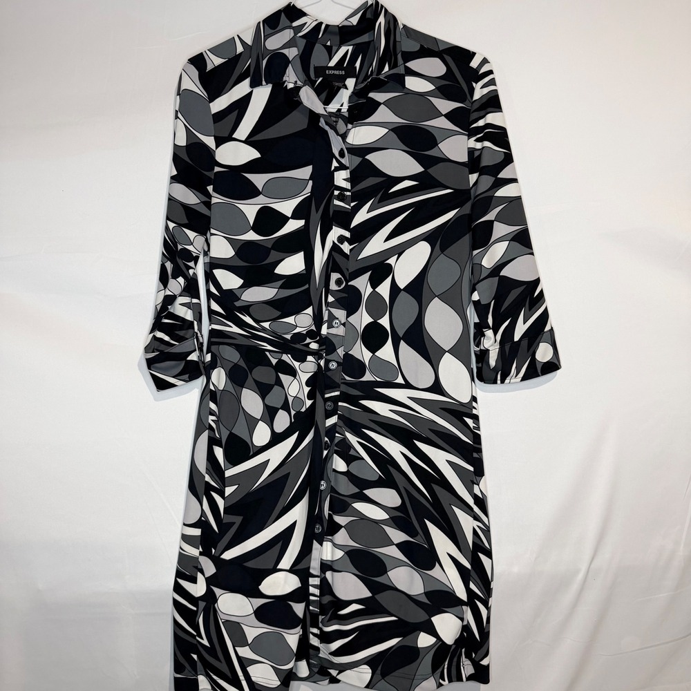 Express Womens Black White Abstract Geometric Button Front Shirt Dress 13/14